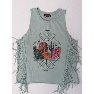 Rock & Roll Denim Ladies Desert Mountain Fringe Turq Tank/Shirt Cacti Large Used